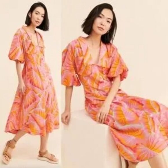 Farm Rio Bright Forest Button Front Midi Dress In Orange Size XS New - Picture 1 of 14